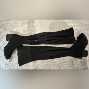 Black Faux Suede Low Heeled Thigh High Boots- Size 9